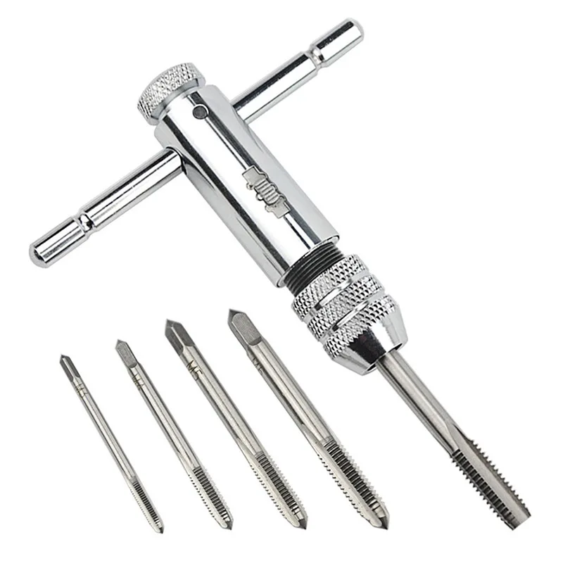 

M3-M8 Adjustable Silver T-Handle Ratchet Holder Straight Flute Thread Tap Tapping Adjustable Wrench Machine Screw Metric Plug