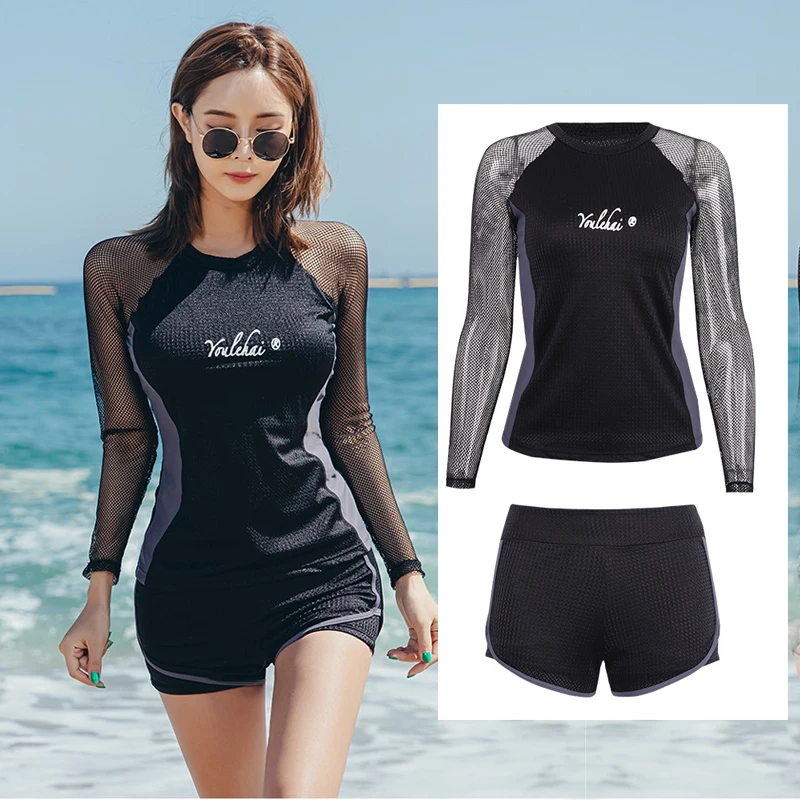 

Женские солнцезащитные УФ-защитные топы, сетчатые плавательные рубашки с длинным рукавом, купальник, гидрокостюм, мягкие топы + шорты