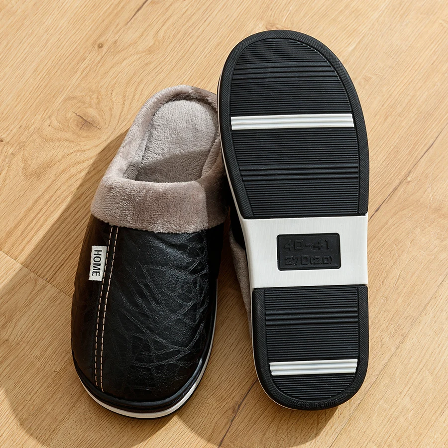 Big Size Winter Casual Men's Slippers Indoor Waterproof PU Leather Home Shoes Fur Flat Warm Fashion Bedroom Houseshoes fur slippers