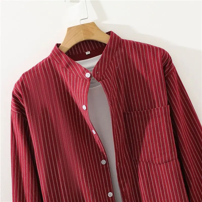 Големи размери Риза с дълъг ръкав на райета в британски стил Мъжко облекло Семпло бизнес ежедневно горнище със стойка яка Офис облекло Гореща разпродажба A04