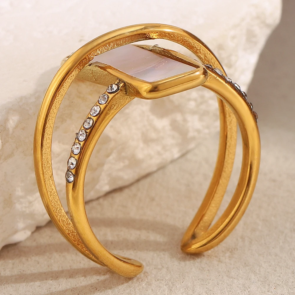 E.B.belle Double Layers Luxury Rhinestone White Rectangle Shell Cuff Ring Stainless Steel Women Party Dating Jewelry Accessories