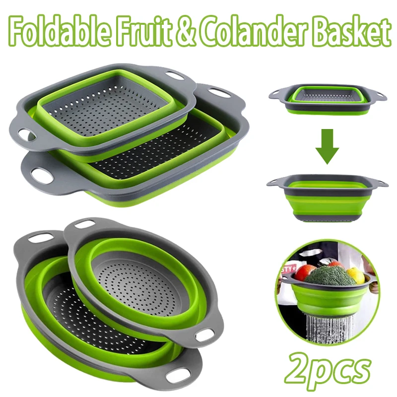 سلة تجفيف قابلة للطي من السيليكون، مصفاة مطبخ محمولة، غسيل فواكه وخضروات، تجفيف قابل للطي، جهاز تصريف أدوات المطبخ