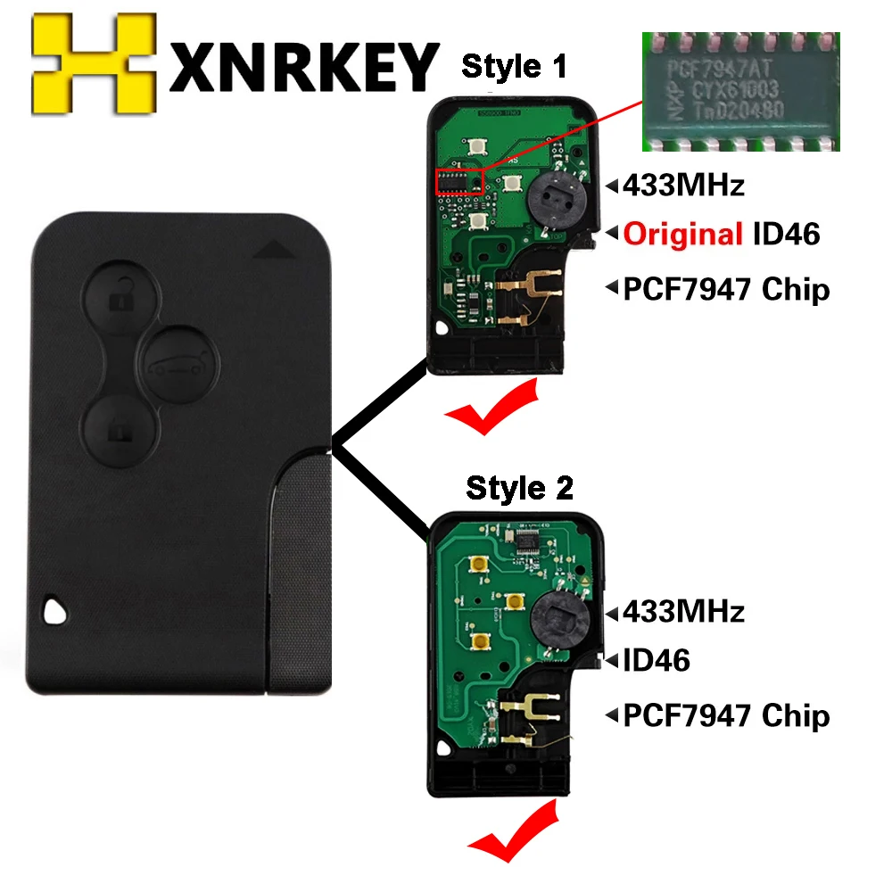 XNRKEY 3 Button 433Mhz Aftermarket / Original PCF7947 Smart Key Card Remote Car Key For Renault Megane II Scenic II Grand Scenic