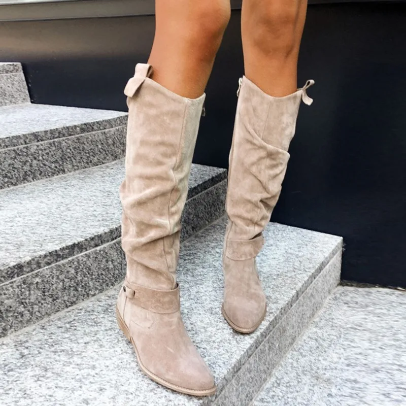 

2024 Western Cowboy Boots Fashion Stacking Boots Big Size 34-43 Suede Low Heels Women Knee Boots
