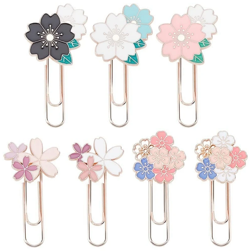 7Pcs Cherry Blossom Paper Clips, Cute Colorful Sakura Paperclip Planner Parts For Office Supplies Students Marking