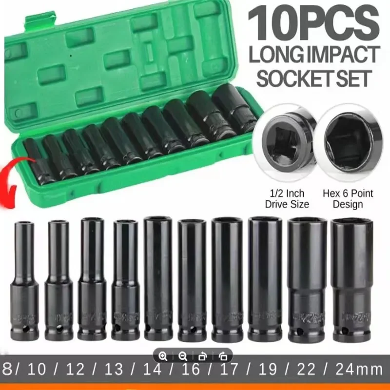 10Pcs Hexagonal Extended Socket Head Electric Socket Set Telescopic Socket Head Automotive Maintenance Tool Hexagonal Extension