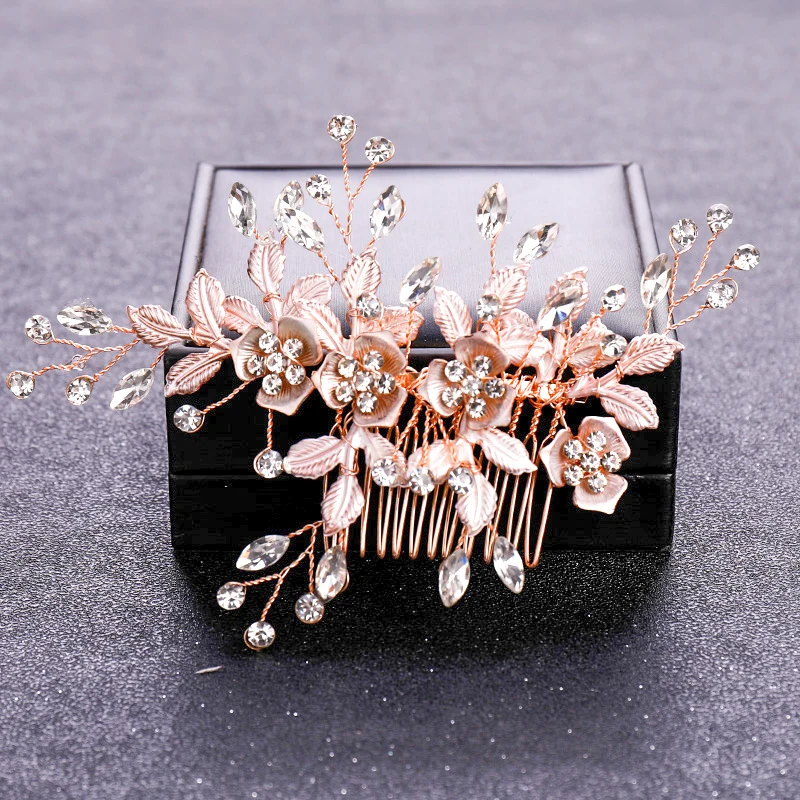 Rose Gold Crystal Pearl Flower Hair Comb
