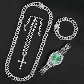 13mm Necklace +Watch+Bracelet Hip Hop Miami Cuban Chain Iced Out Paved Rhinestone CZ Bling Rapper For Men Jewelry KIT Jewelry 1