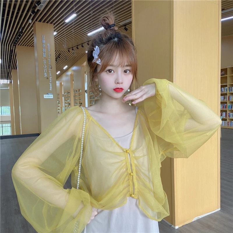 bathing suit coverups Boring Honey Women's Sunscreen Slothing Summer Long-Sleeve Cardigan Chiffon Loose And Comfortable Balloon Sleeve Beach Dress Top cute bathing suit cover ups