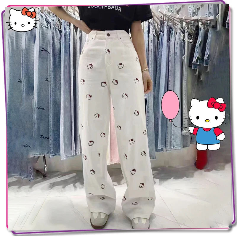 

Sanrio Hello Kitty Women's Jeans New Vintage High Waist Pants Y2K Girls' Street Trend Straight Leg Pants Loose Casual Pants Gift