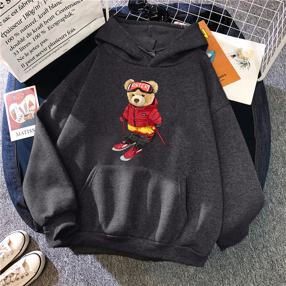 

Skiing Beginner Teddy Bear Funny Print Hooded Women Fashion Oversize Hoodies Autumn Fur-Liner Hoodie Casual Oversize Tops Female