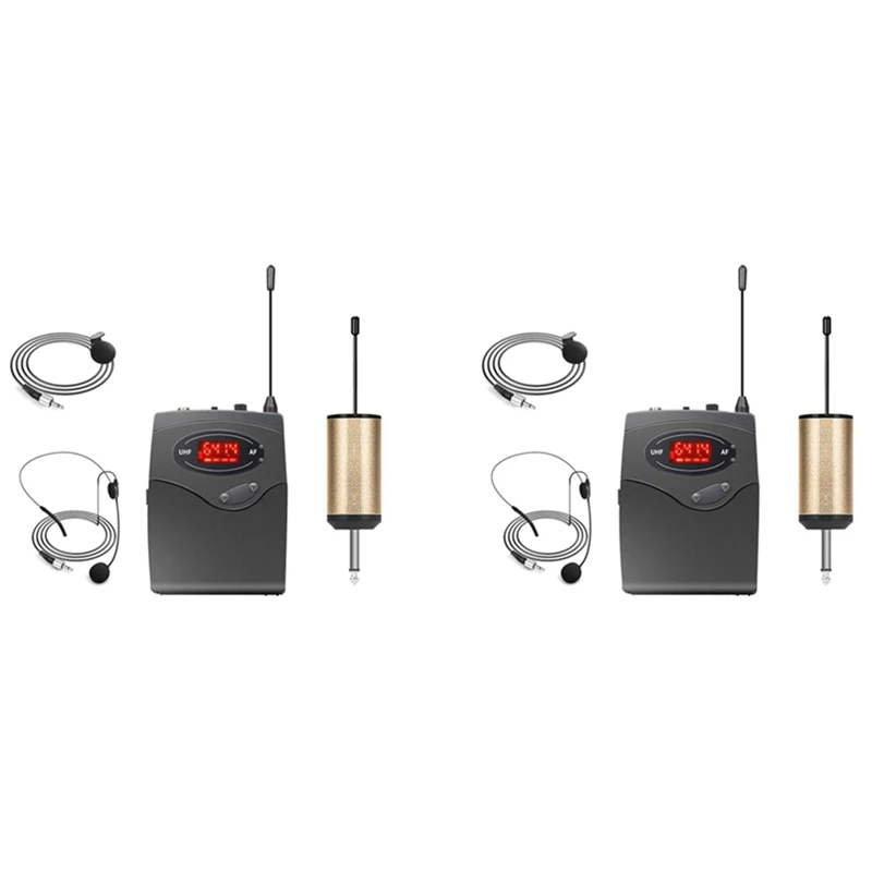

2X Wireless Microphone System,Wireless Microphone Set With Headset & Lavalier Lapel Mics Beltpack Transmitter Receiver