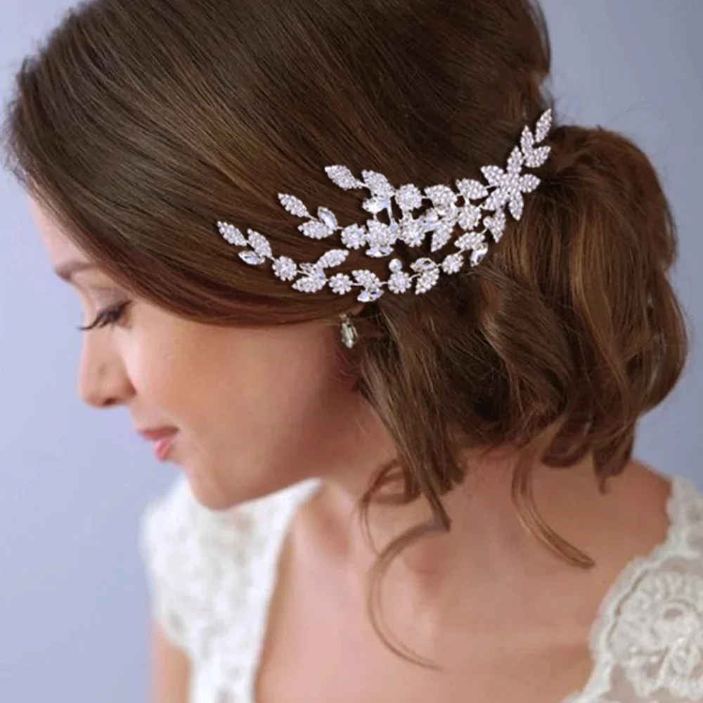 Bridal Leaf Hair Combs Rhinestone Hair Accessories for Women Flower Crystal Princess Traia Headpiece Wedding Jewelry hair accessory
