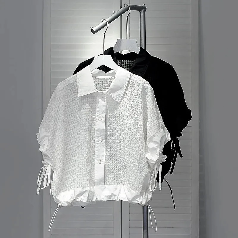 

Женская летняя блузка с отложным воротником, белые рубашки с коротким рукавом, корейские шикарные Дамские топы с кулиской, 2023