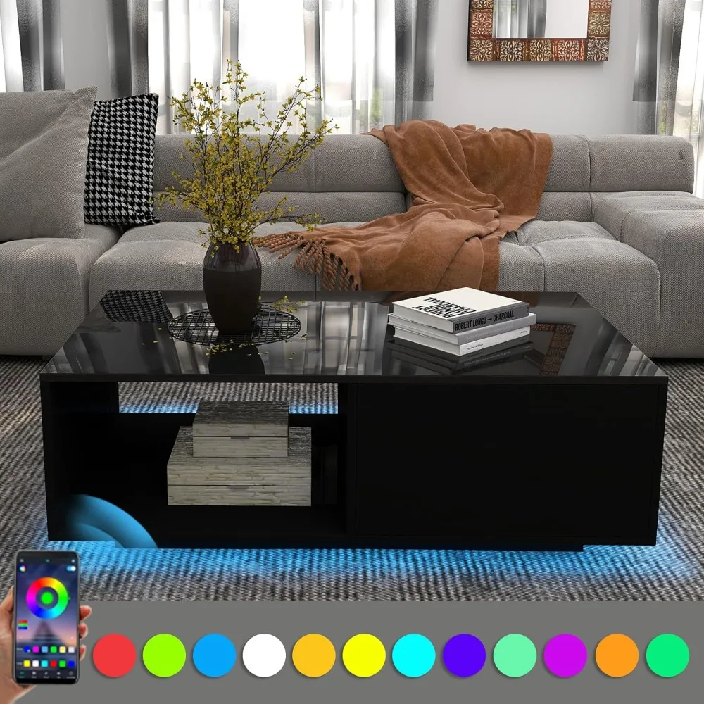 43.3IN LED Black Coffee Tables for Living Room with 16 Colors LED Lights Modern Coffee Table with Storage Drawer, Customized
