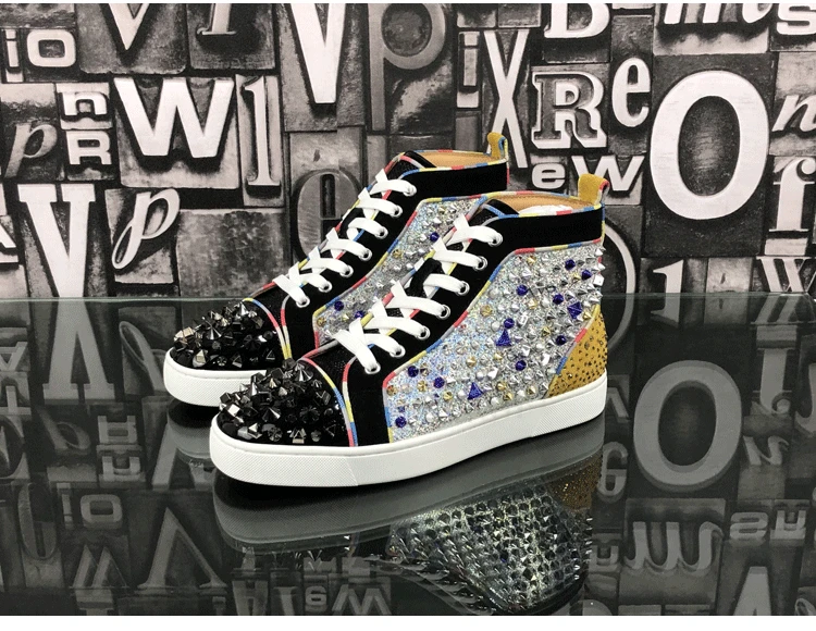 Luxury Leather NEW Red Sole Men's Shoes Rhinestone Rivets High Top Women's  Shoes Sneakers