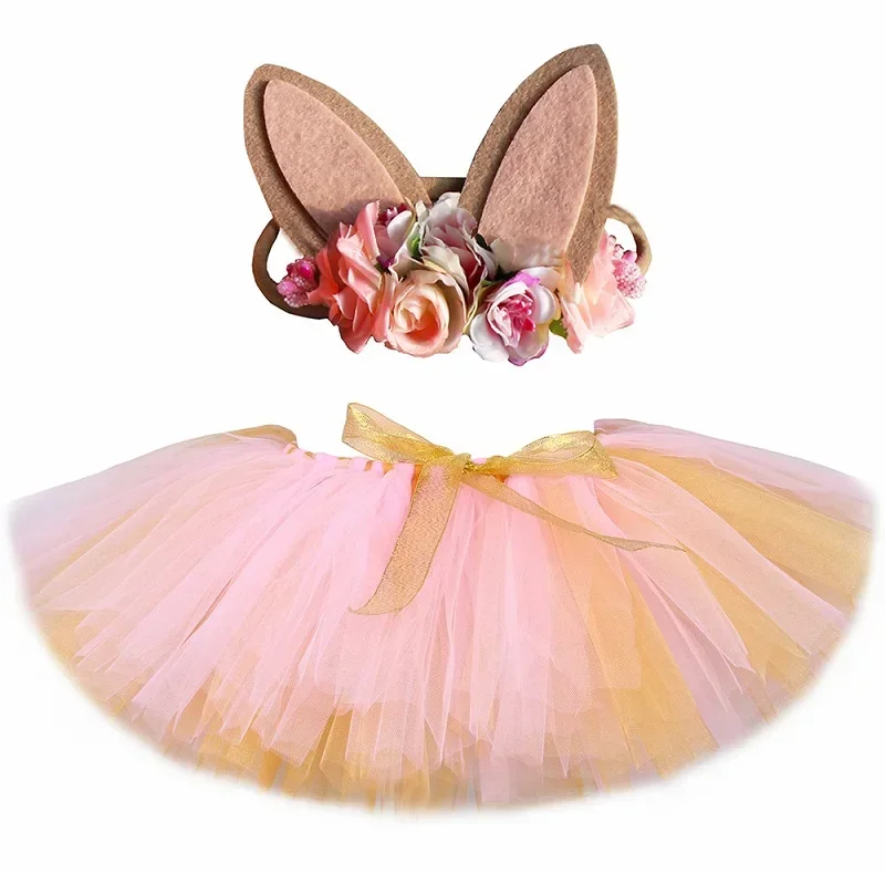 thumbnail image 1 of Disfraz de conejo de Pascua con tutú para niñas pequeñas, ropa de vestir para niñas pequeñas, falda de tul mullida de color rosa y dorado, 1 of 5