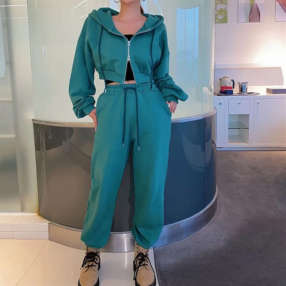 

Женские комплекты из двух предметов, повседневный короткий кардиган на молнии с длинным рукавом + спортивные брюки с высокой талией, весенне-осенние спортивные комплекты