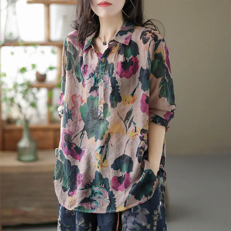 Vintage Printed Lapel All-match Floral Blouses Women's Clothing 2024 Spring Summer New Loose Casual Tops Office Lady Shirts