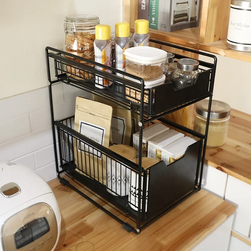 Under Sink Organizers and Storage, Kitchen Bathroom Sink Organizer, 2 Tier  Cabinet Basket Storage Shelf with Sliding Drawers - AliExpress
