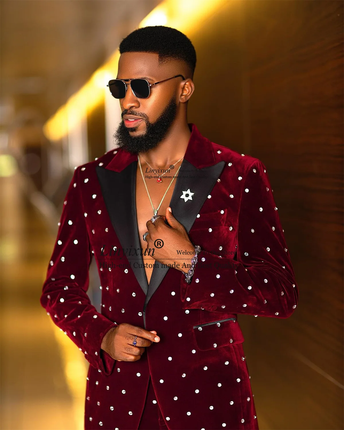 Customized Velvet Men Suits Luxury Beaded Crystals Wedding Groom Tuxedos Slim Fit Male Prom Blazer 2 Pieces Sets Costume Homme 3