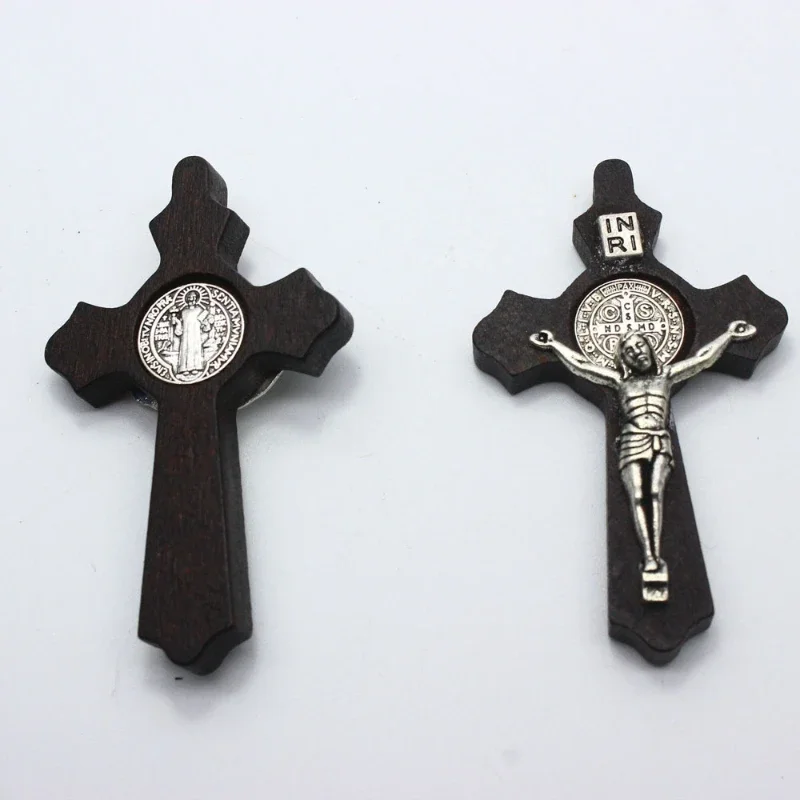 3pcs Religious Wooden Antique Black Brown Cross Rosary Pendant Jesus Saint Benedict Beaded Necklace for Men Women Jewelry handheld wooden cross wooden cross pectoral cross necklace christ pendant