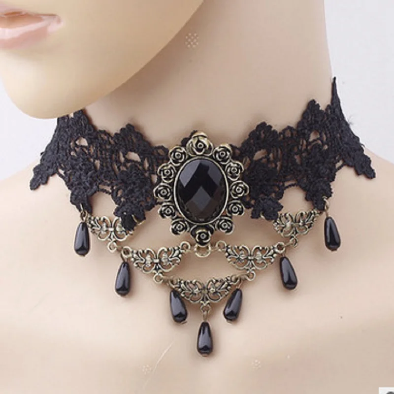 Collier Ras Du Cou Gothique Avec Camée Rose Rouge - Bijou Victorien Vintage, Pour Halloween, Cosplay, Cadeau