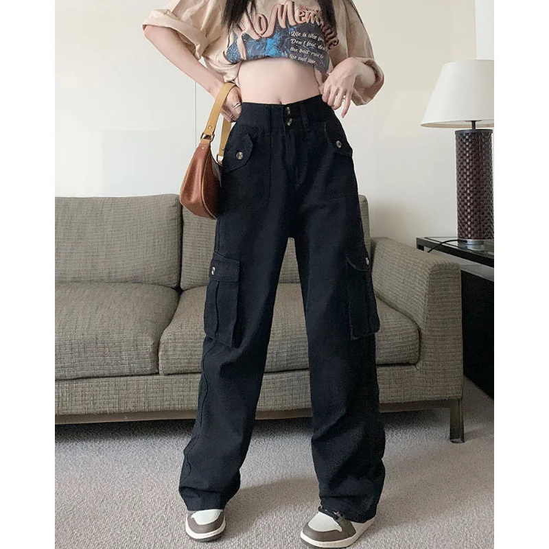 American Vintage Trendy Loose Versatile Jeans Women's Solid Button Zipper High Waisted Pockets Summer Spicy Girl Workwear Pants