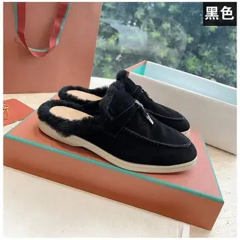 Top Edition 2026 Winter Plus Velvet Flat Outdoor Slippers Real Fur Closed Toe Shoes Women