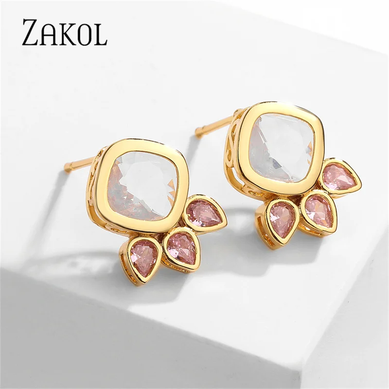 Zakol New Cute Pink Opal Cat Paw Orecchini Per Le Donne Trendy Square Cubic Zirconia Girls Party Earring Jewelry Ep5462