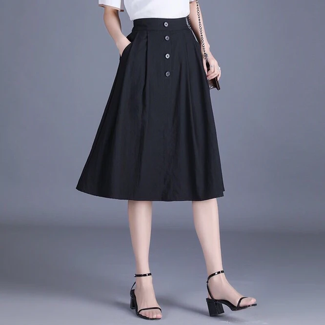 

Spring Summer New Elastic Waist Women's Skirt A-line Skirt High Waist Solid Color Large Pleated Girls' Commuter Skirt Leisure