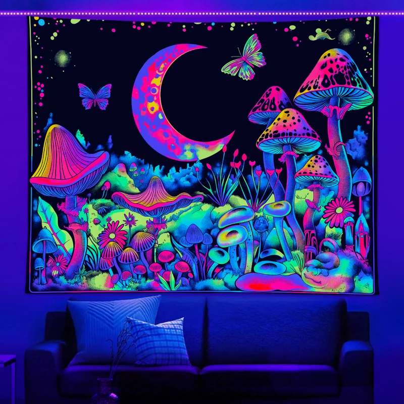 1pc UV reactive mushroom tapestry plant flower starry sky tapestry moon phase butterfly neon light effect tapestry