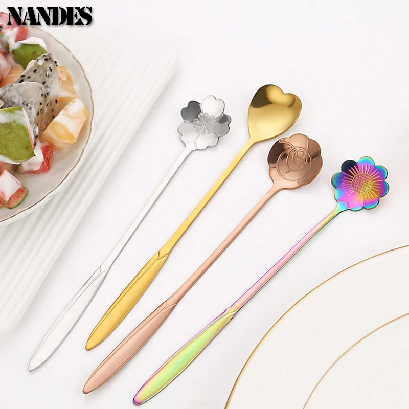4Pcs 꽃 티스푼 커피 스푼 귀여운 아이스크림 디저트 케이크 스쿠프 선물 칼 붙이 스테인레스 스틸 식기 액세서리