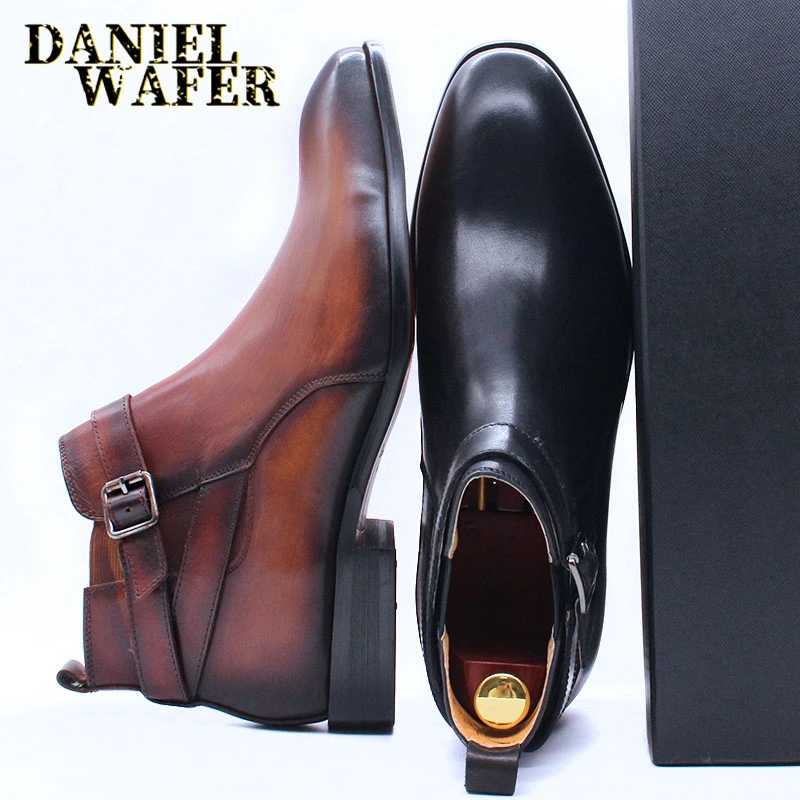 de lujo para hombre, zapatos informales con hebilla y correa de cuero color negro y marrón, botas para oficina y boda|Botas básicas| - AliExpress