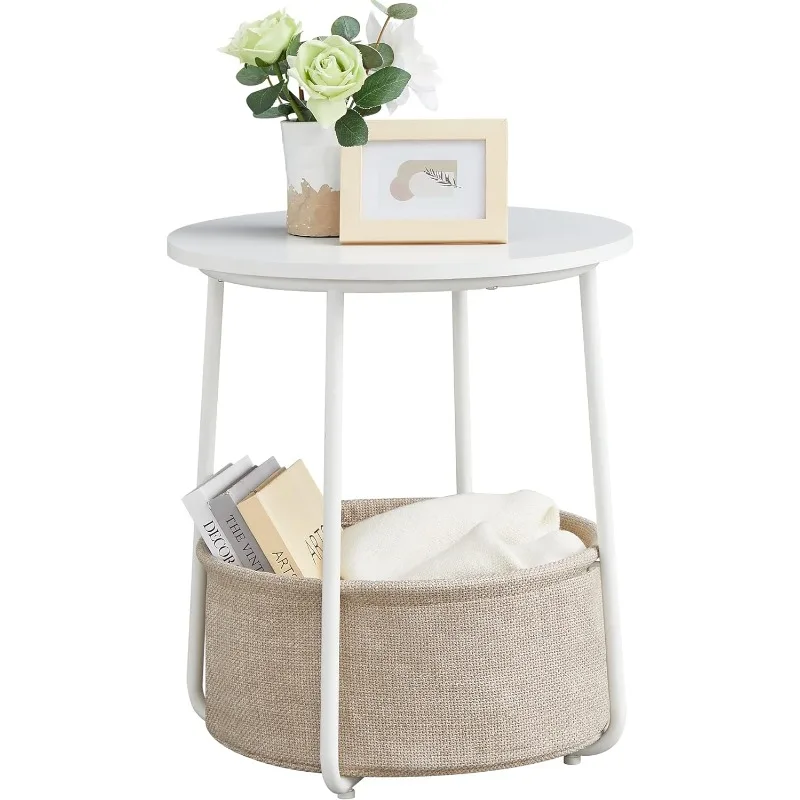 

Small Round Side End Table, Modern Nightstand with Fabric Basket, Bedside Table for Living Room Bedroom, Classic White and Sand