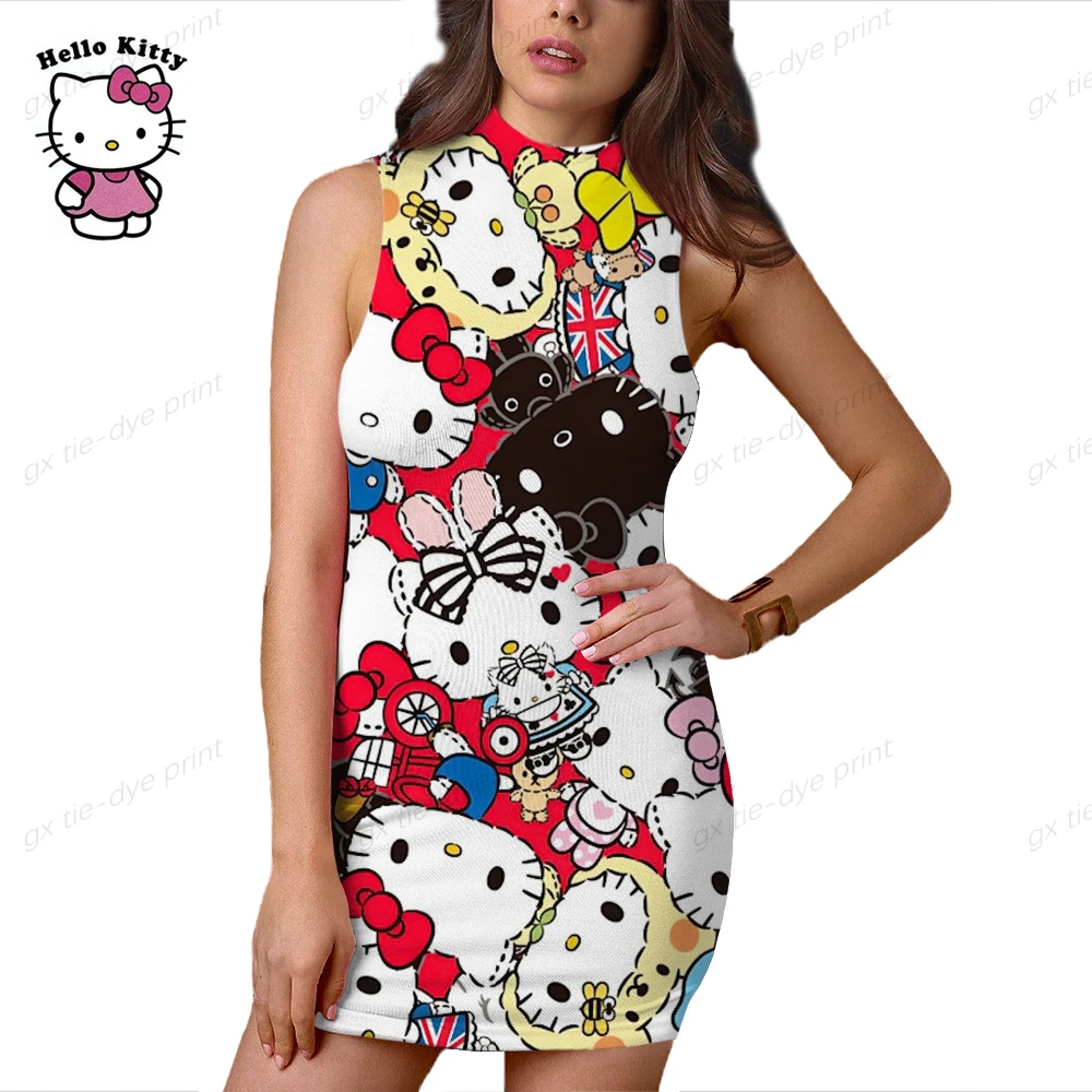 

Fashion Hello Kitty Print Dress Women Ladies Girl Summer Sexy Tight Bandage O Neck Sleeveless Party Club Mini Sexy Dress