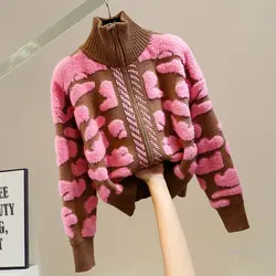 Fashion Color Contrast Design Sense Double Zipper Head Turtleneck Thick Sweater Women's Loose All-Matching Elegant Knitwear Top