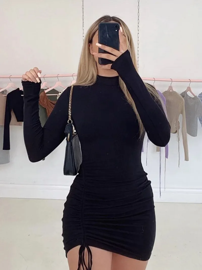 

Women Turtleneck Bandage Mini Dresses Long Sleeve Ruched Bodycon Dress Autumn Black Skinny Stretchy Party Vestidos 2023 New