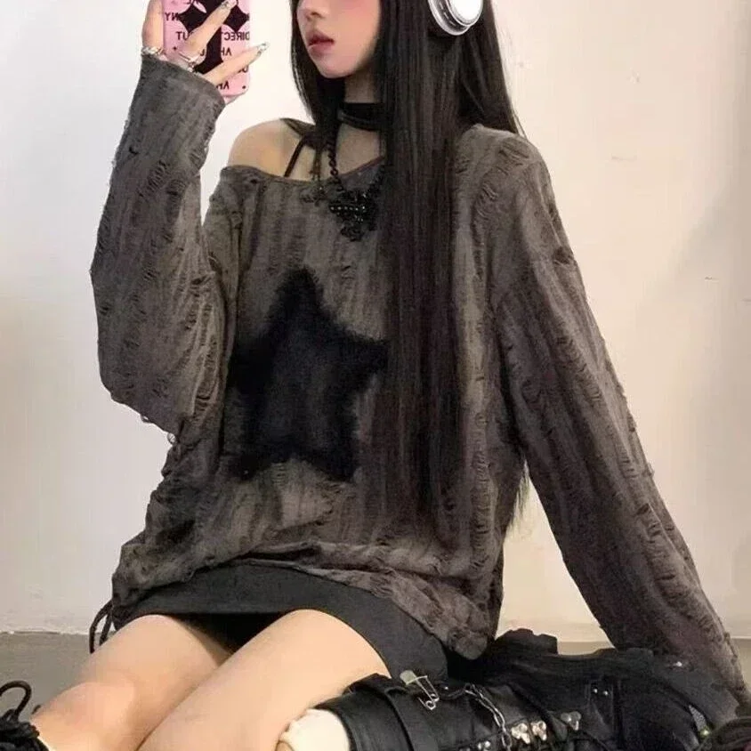 Grunge Hole T-shirt Women Fashion Star Print Y2k Aesthetic Loose