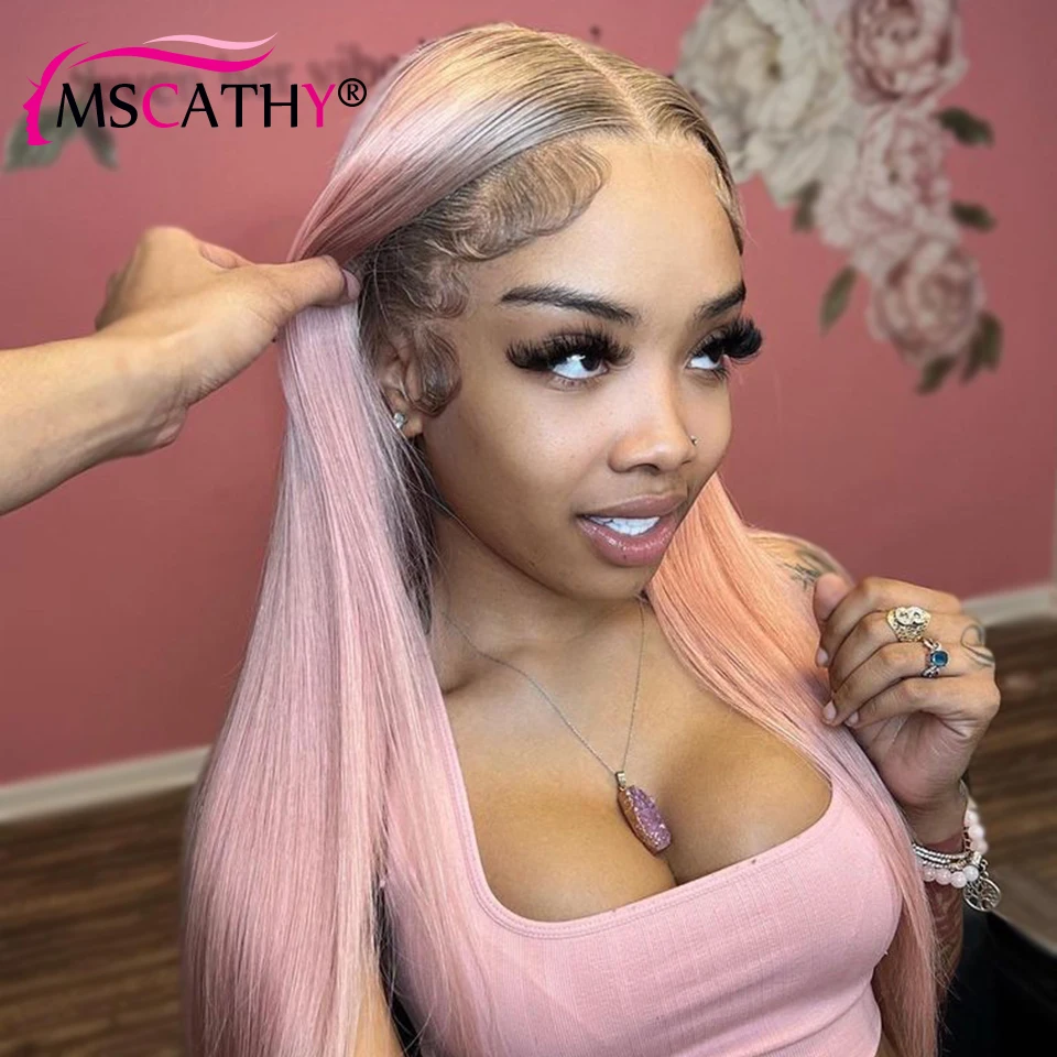 Peruca dianteira do laรงo do cabelo humano reto para mulheres, rosa, ombre, raรญzes marrons, HD transparente, cosplay