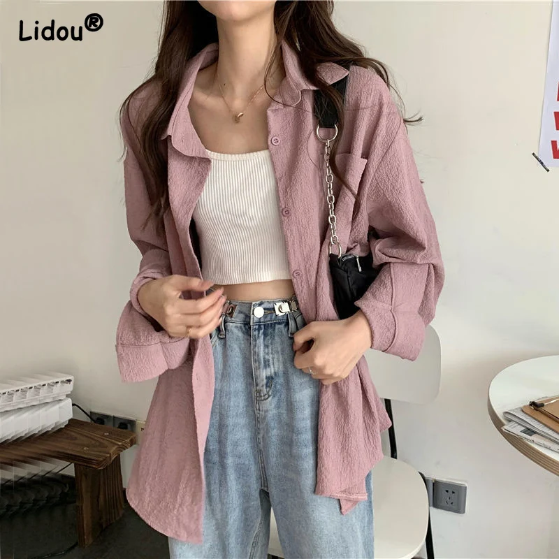 Streetwear Casual Fashion Turn-down Collar Pockets Button Loose Solid Spring Summer Thin Blouses Office Lady Women's Clothing