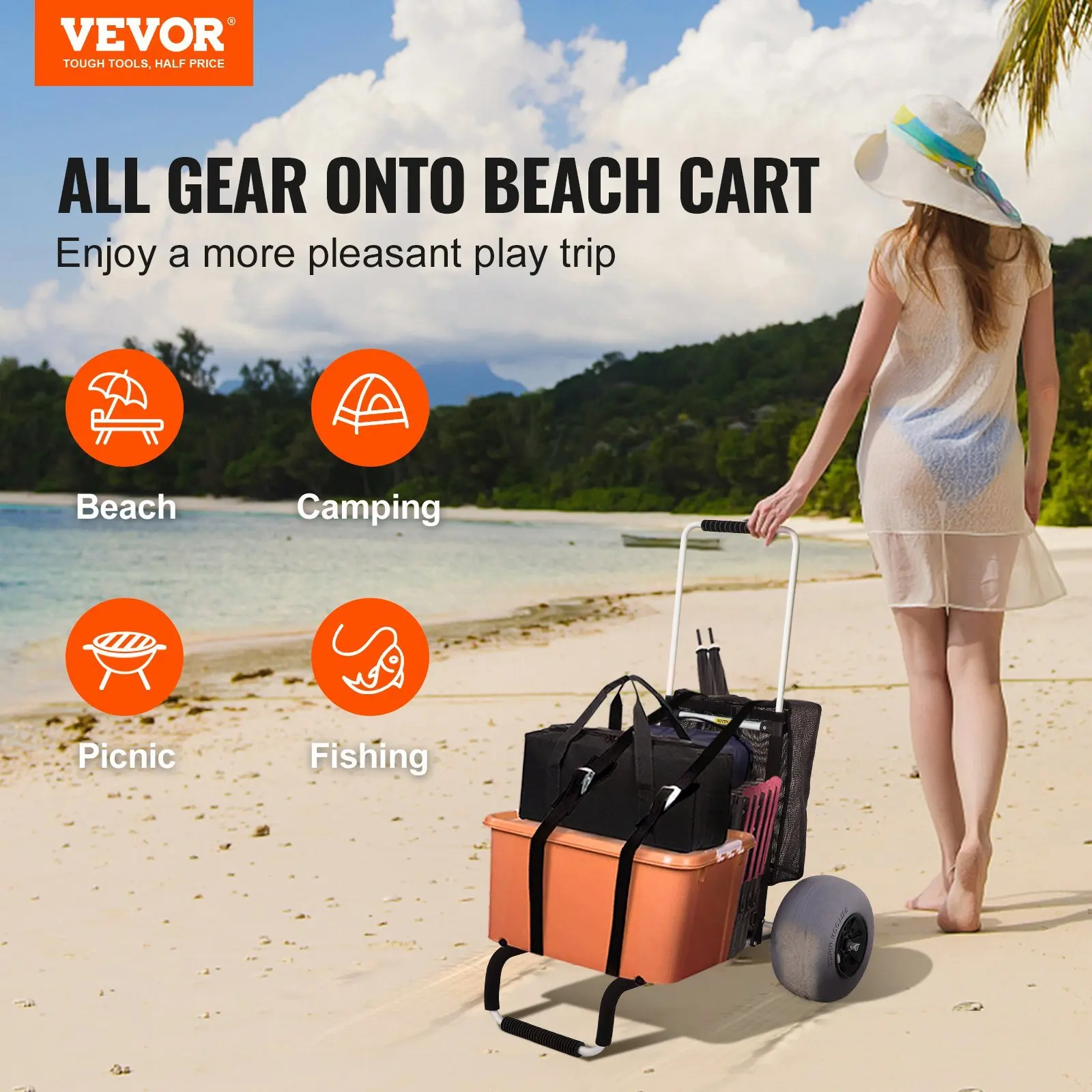 VEVOR Beach Carts for Sand 23" x 15" Cargo Deck, w/ 13" TPU Balloon Wheels