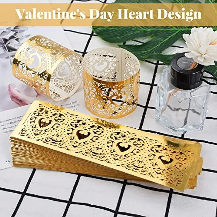 50 Pcs Hollow Paper Napkin Rings Reflective Gold Heart-Shaped Paper Napkin Holder Rings for Dinner Party Celebration Table Decor napkin ring