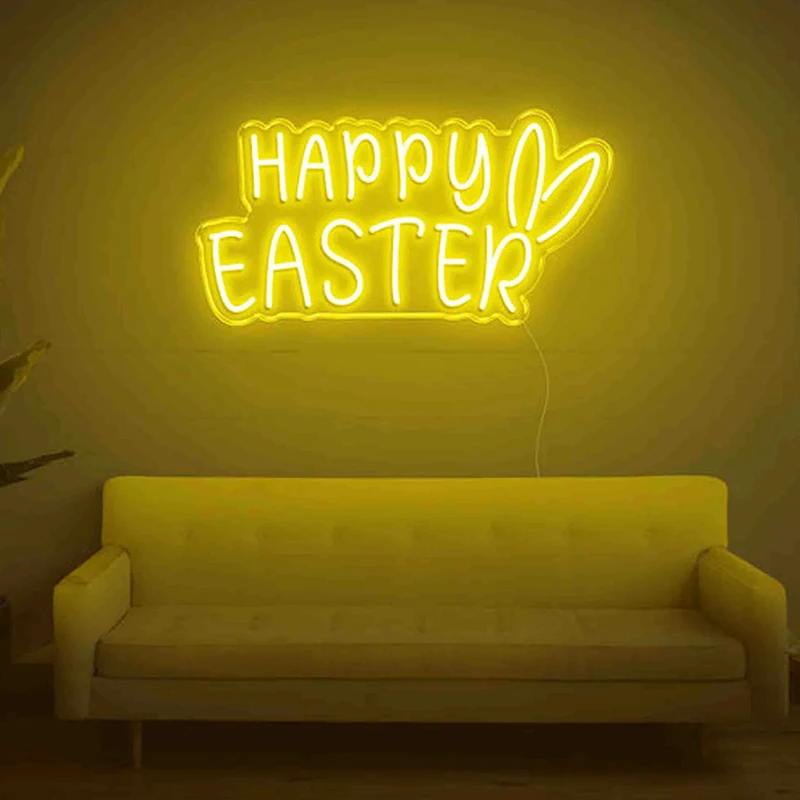 Easter Decoration Happy Easter Neon Sign Custom Bunny Ears Neon Light Door Hanger Decor Room Wall Decoration LED Lamp Kids Gift