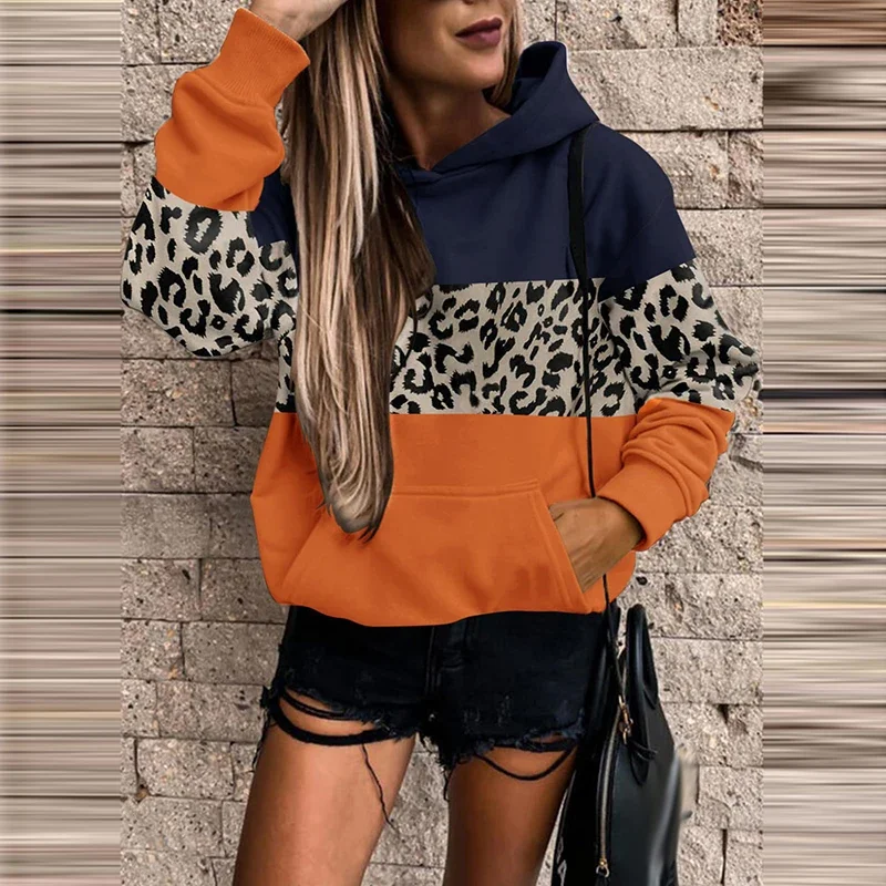 Fashion Print Multicolor Patchwork Hoodie Women Autumn Casual O-Neck Long Sleeve Hoodies Ladies Loose Office Pocket Hooded Tops