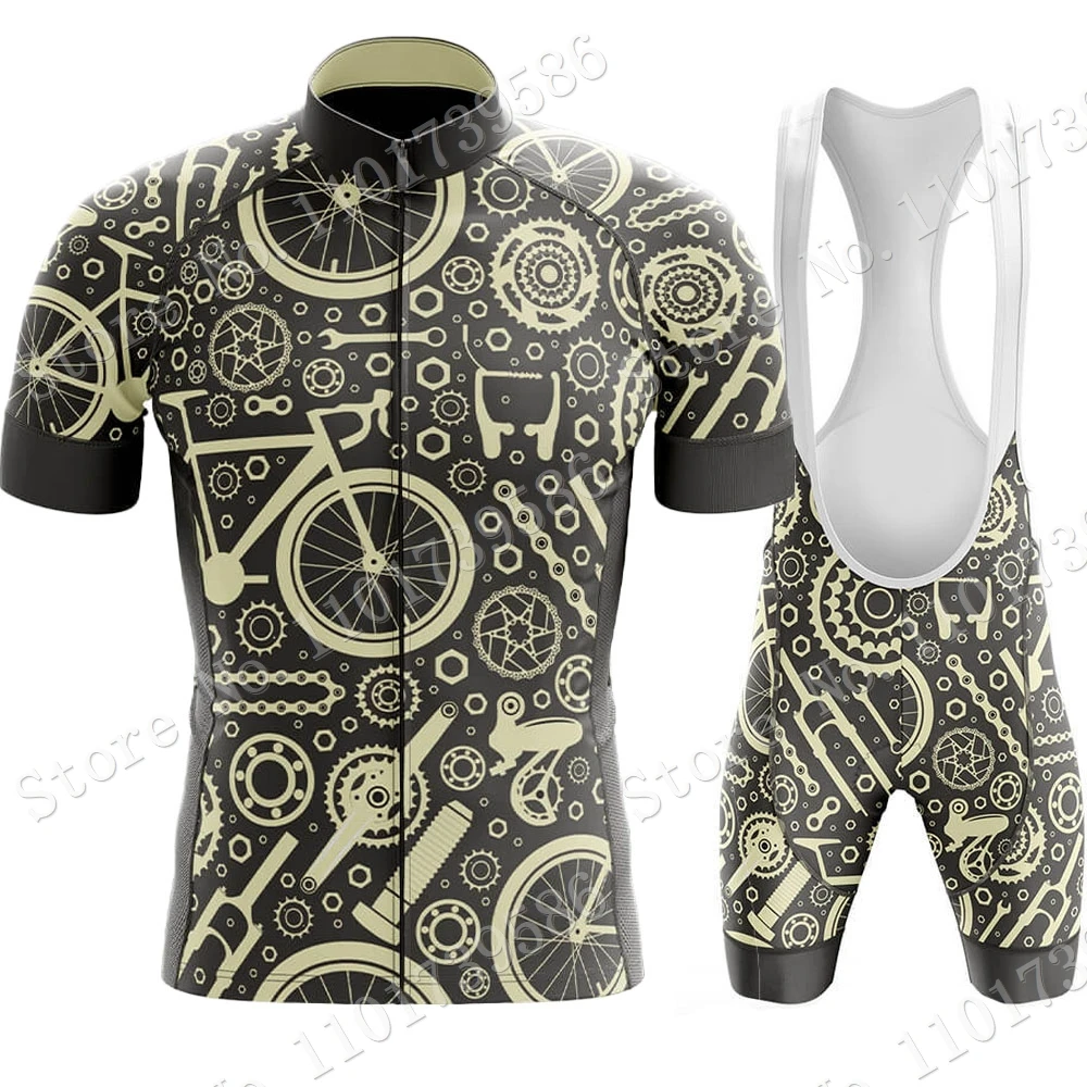 Bicycle Gears Mens Cycling Jersey Set Short Sleeve Ride Retro Clothing Men Road Bike Shirts Suit Bicycle Bib Pants Maillot