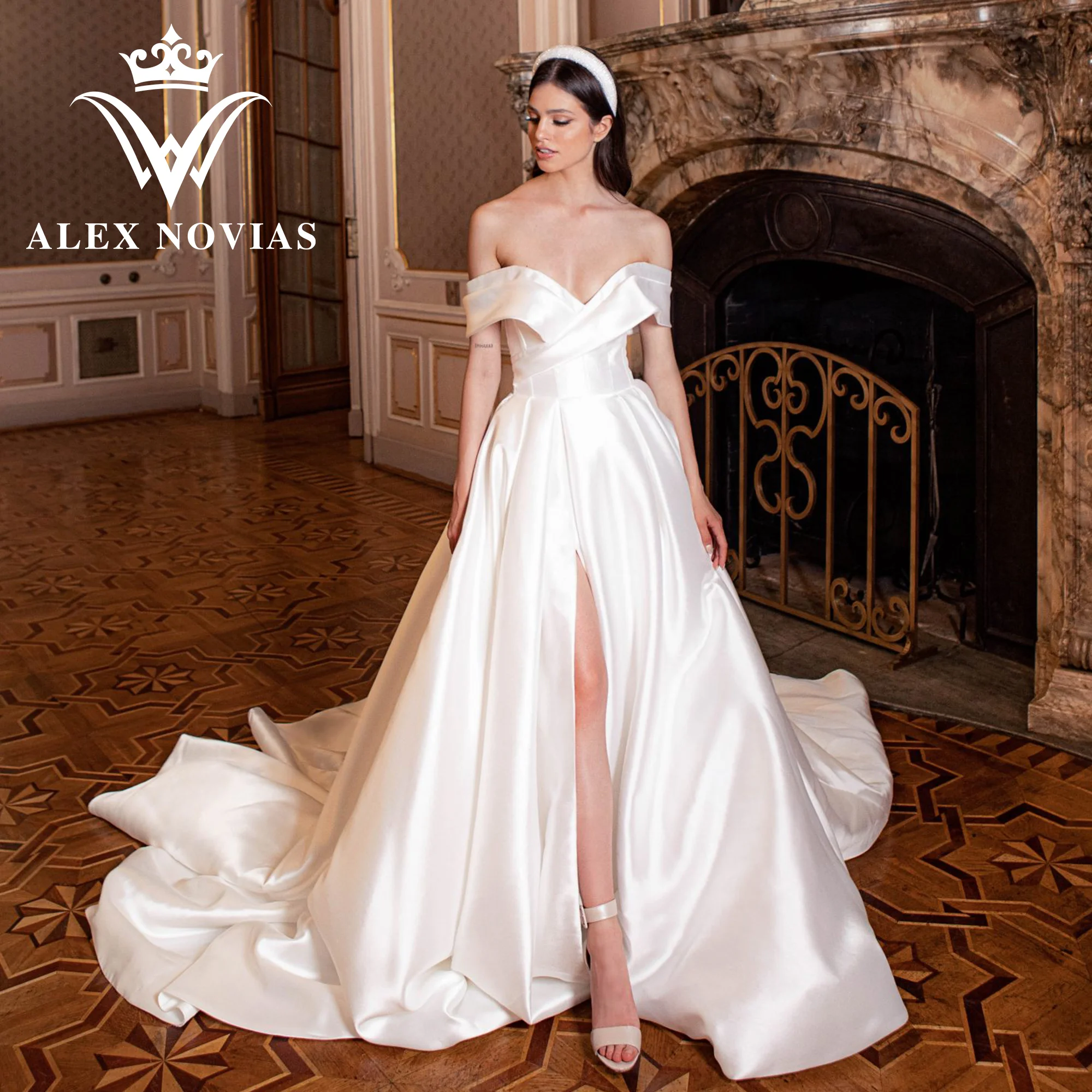 

Свадебное атласное платье ALEX NOVIAS, привлекательное ТРАПЕЦИЕВИДНОЕ ПЛАТЬЕ с открытыми плечами и разрезом до бедра, 2023