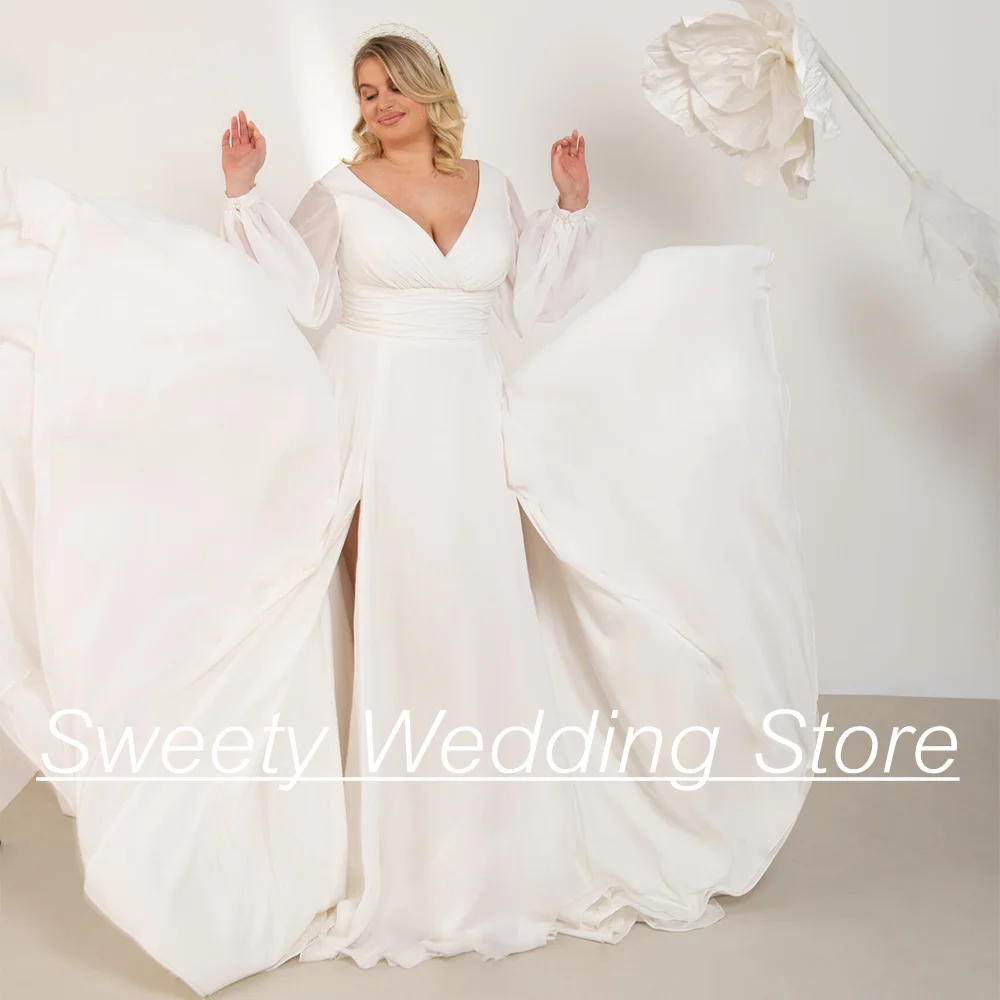 New Wedding Dresses Plus Size Simple Bride Gown Puff Sleeves V Neck Pleat Slit Sweep Train Vestidos De Novia Beach Bridal Dress 4