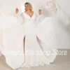 New Wedding Dresses Plus Size Simple Bride Gown Puff Sleeves V Neck Pleat Slit Sweep Train Vestidos De Novia Beach Bridal Dress 4