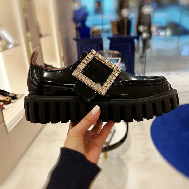 

Square Buckle Rhinestone Leather Shoes Women's 2022 Spring Autumn New British Style Round Toe Thick Bottom Loafers Ladies Shoes